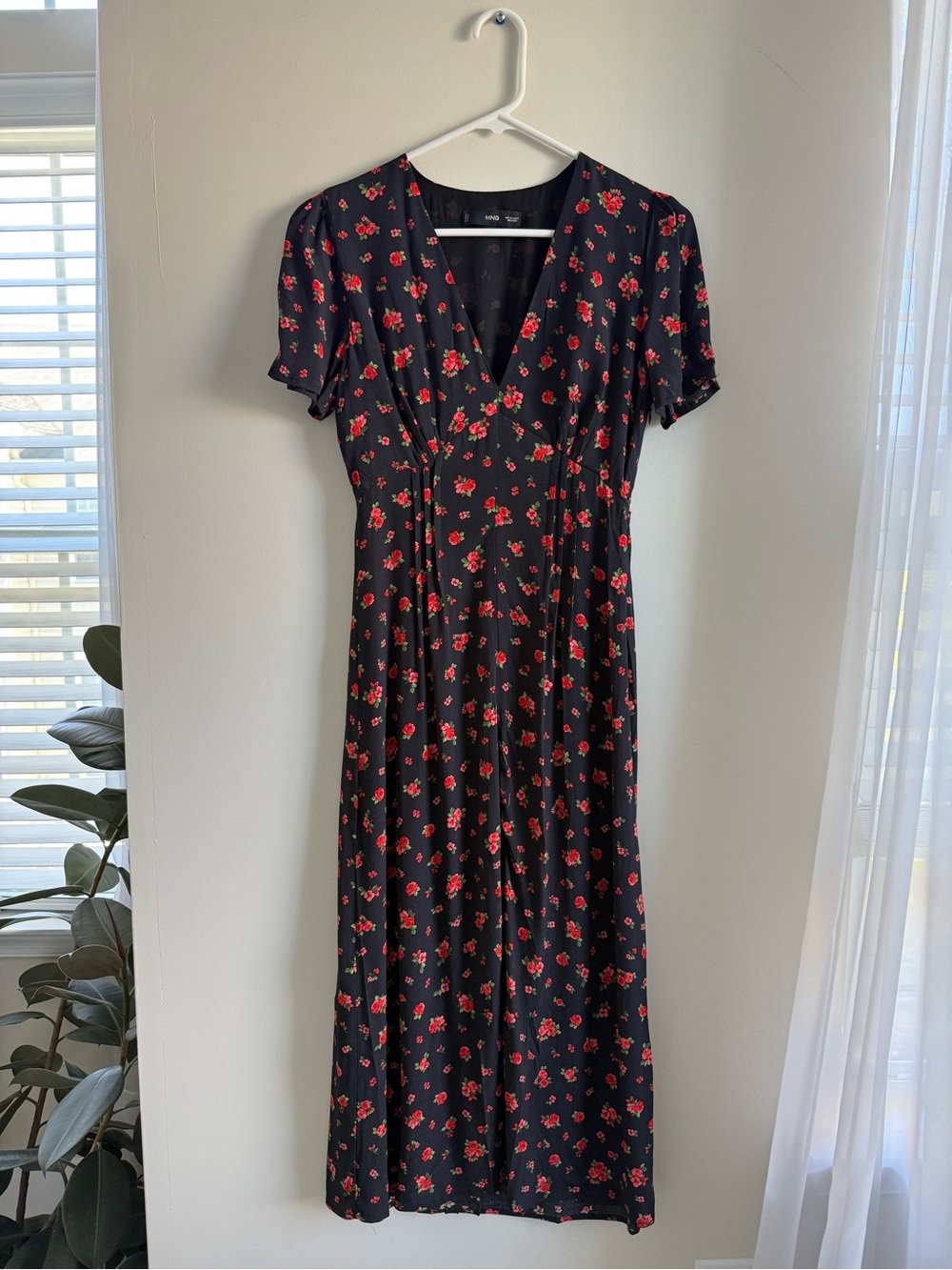 Mango Black Midi Dress with Red Floral Print- XS
